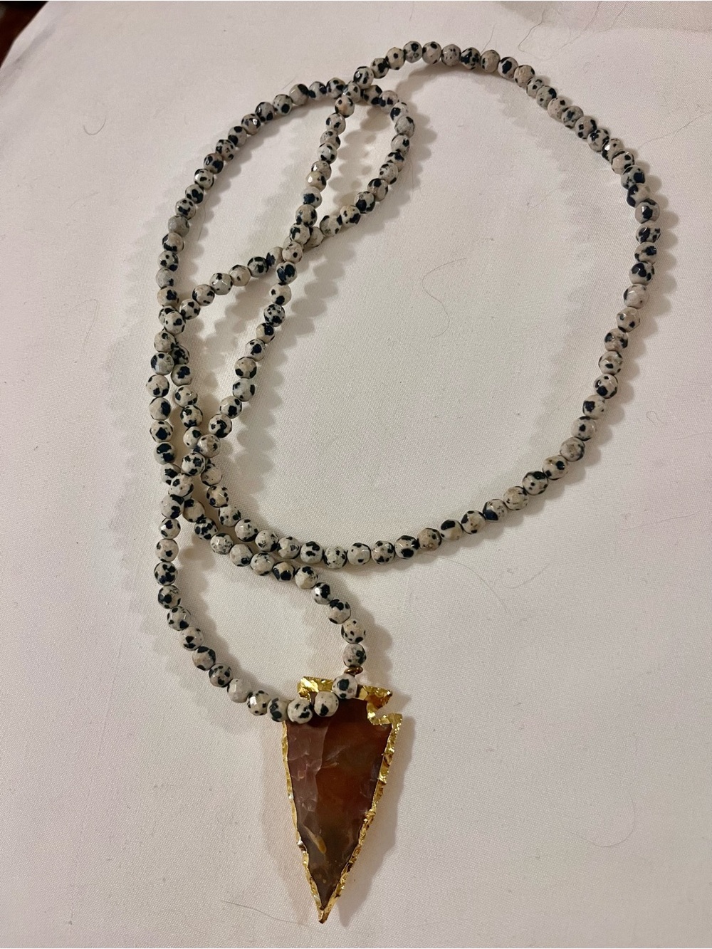Carved Agate Arrowhead Necklace Gold Trim Dalmatian Jasper Beaded Necklace